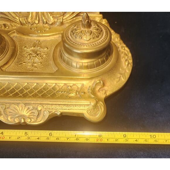 Ant Brass Double Inkwell Rococo Victorian Ornate Shell & Scroll Design Marked - Picture 8 of 9